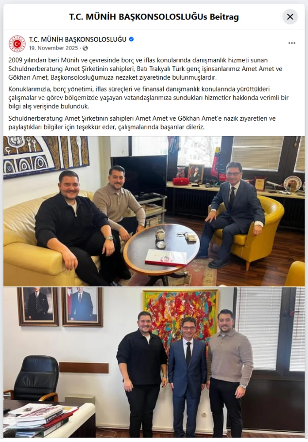 Beitrag des Türkischen Generalkonsulats München vom 19. November 2025 über den Besuch von Amet Amet und Gökhan Amet, mit zwei Fotos vom Treffen im Generalkonsulat
