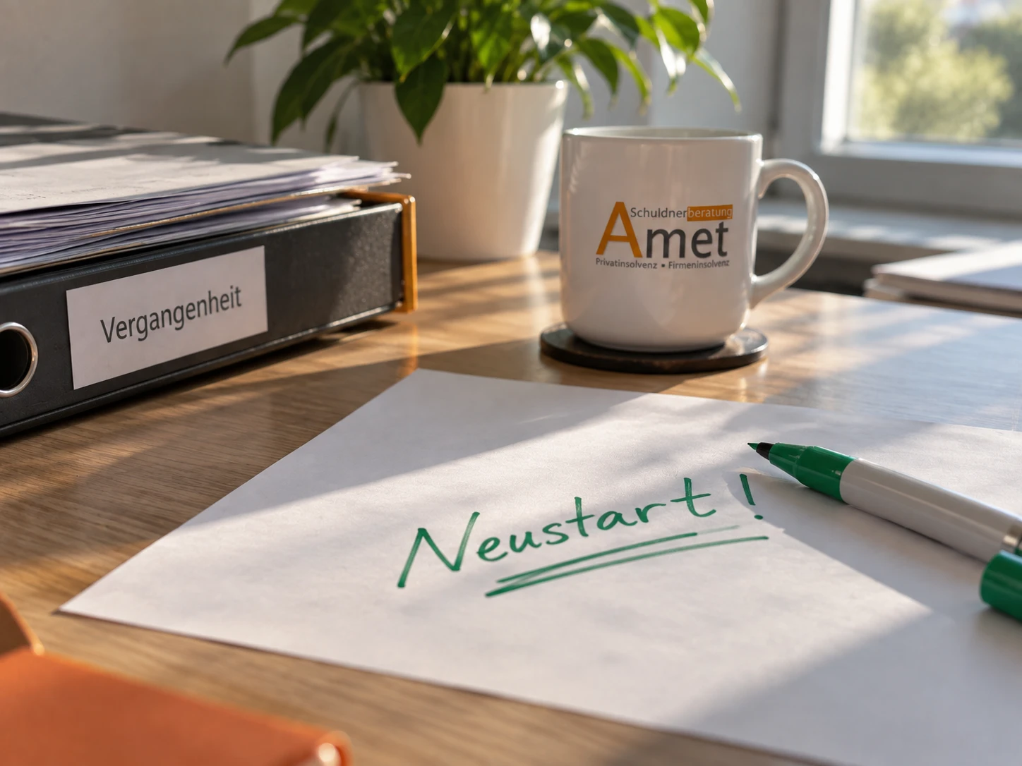 Schreibtisch mit Aktenordner „Vergangenheit“ und einem Blatt Papier, auf dem in Grün „Neustart!“ steht, daneben eine Tasse mit dem Amet-Logo