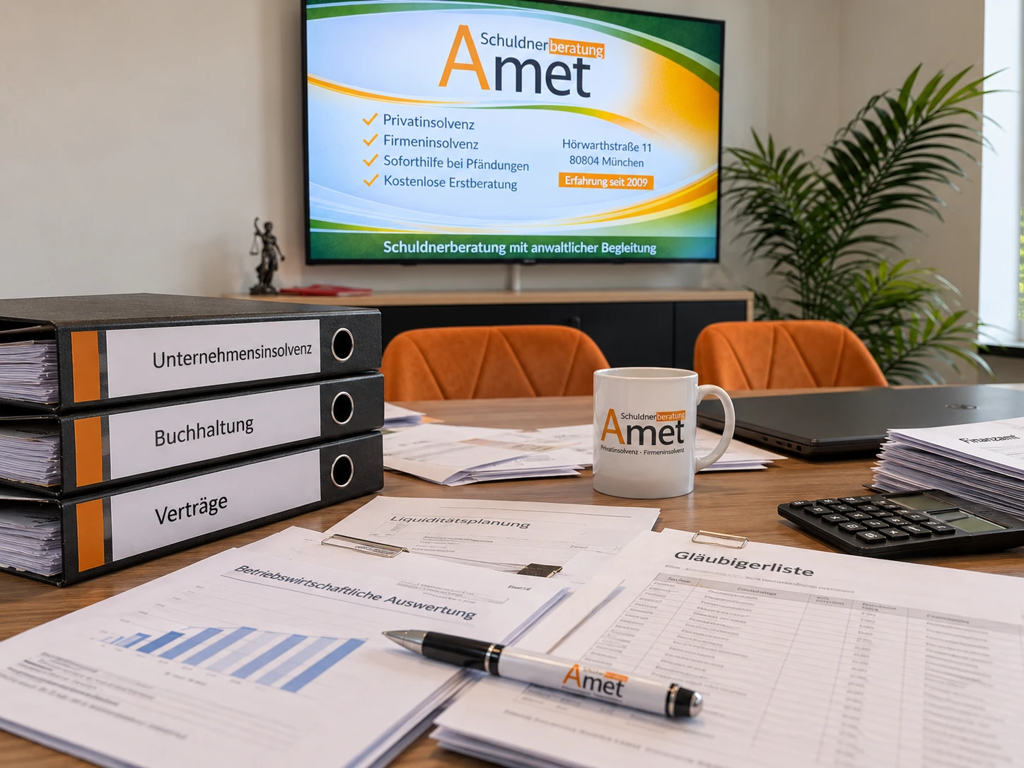 Besprechungstisch der Schuldnerberatung Amet mit Ordnern „Unternehmensinsolvenz“, „Buchhaltung“ und „Verträge“, Liquiditätsplanung, Gläubigerliste, Taschenrechner und einer Tasse mit dem Amet-Logo, im Hintergrund ein Bildschirm mit dem Amet-Logo
